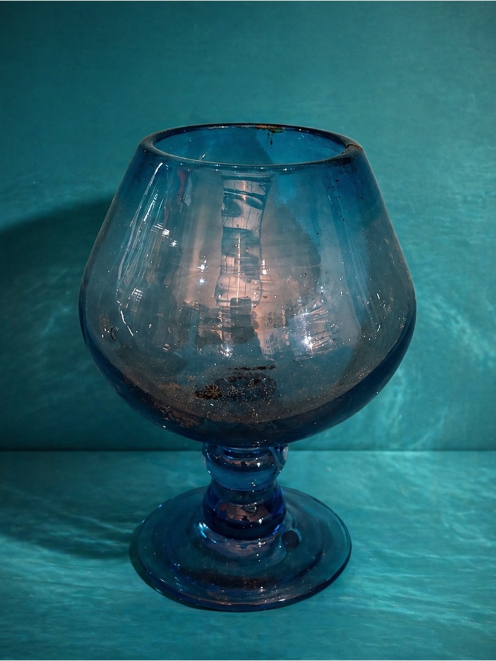 Vintage Blue Glass Snifter Vase – Moody Rustic Goblet Decor
